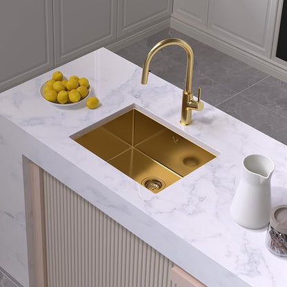 Gold Kitchen Sink 23x18 Inch Undermount Kitchen Sink 16 Gauge Stainless Steel Single Bowl with Accessories Round Corners Handmade