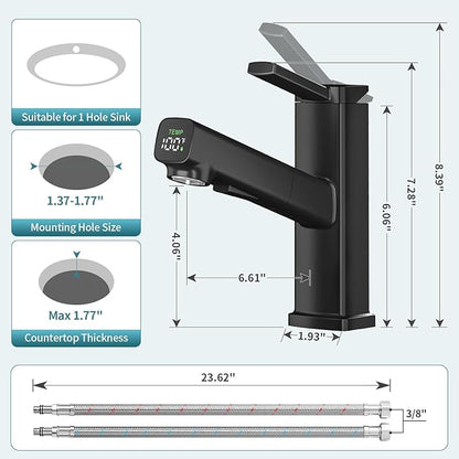 HANLIAN Pull Out Bathroom Faucet 1 Hole with Digital Temperature Display, Single Lever Bathroom Sink Faucet with Pull Down Sprayer, 3 Modes Single Handle Vanity Faucets One Hole with Swivel Spout