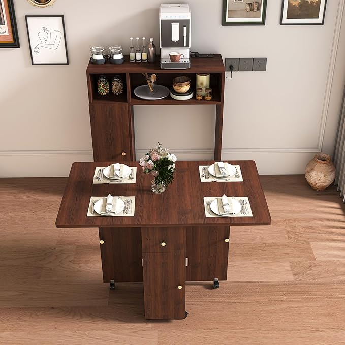 Solid Wood Extendable Dining Table for Small Spaces - 2 to 4 Person Space-Saving Table with Hidden Storage & Folding Design,Modern Expandable Kitchen Bar Table for Apartments, RV, Studio