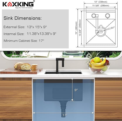 RV Kitchen Sink 13x15 Inch with Foldable Faucet, Nano Black 16 Gauge Stainless Steel Undermount Workstation Sink with Cutting Board Cover, Bottom Grid & Drain Kit