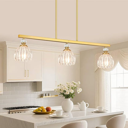 Gold Island Light for Kitchen, 3-Light Linear Chandelier for Kitchen Island with Tulip Glass Shades, Brushed Gold Finish Hanging Light Pendant Fixture Over Dining Table