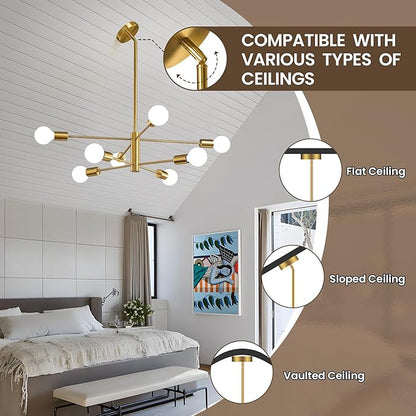 KAISITE Modern Chandelier Sputnik Ceiling Light Fixture 8-Light Gold Chandelier Dining Room Light Over Table Height Adjustable Mid Century Ceiling Hanging Chandelier for Bedroom Kitchen Foyer