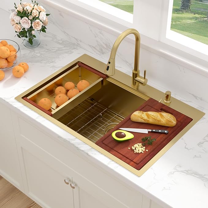 Sarlai 33 Gold Kitchen Sink with Faucet- 33x22 Inch Drop In Kitchen Sink Single Bowl Topmount Gold Ledge Workstation Sinks 16 Gauge Stainless Steel Sinks with Pull-out Faucet