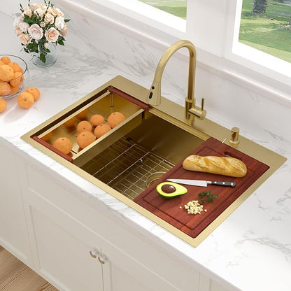 Sarlai 33 Gold Kitchen Sink with Faucet- 33x22 Inch Drop In Kitchen Sink Single Bowl Topmount Gold Ledge Workstation Sinks 16 Gauge Stainless Steel Sinks with Pull-out Faucet