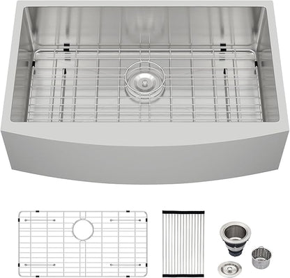 Logmey 30 In Farmhouse Sink - 30x20 Inch Stainless Steel Farmhouse Kitchen Sinks 16 Gauge Apron Front Sink Single Bowl Farm Sink 30x20x9 Inches Kitchen Sink