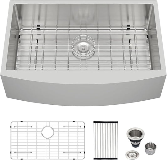 Logmey 30 In Farmhouse Sink - 30x20 Inch Stainless Steel Farmhouse Kitchen Sinks 16 Gauge Apron Front Sink Single Bowl Farm Sink 30x20x9 Inches Kitchen Sink