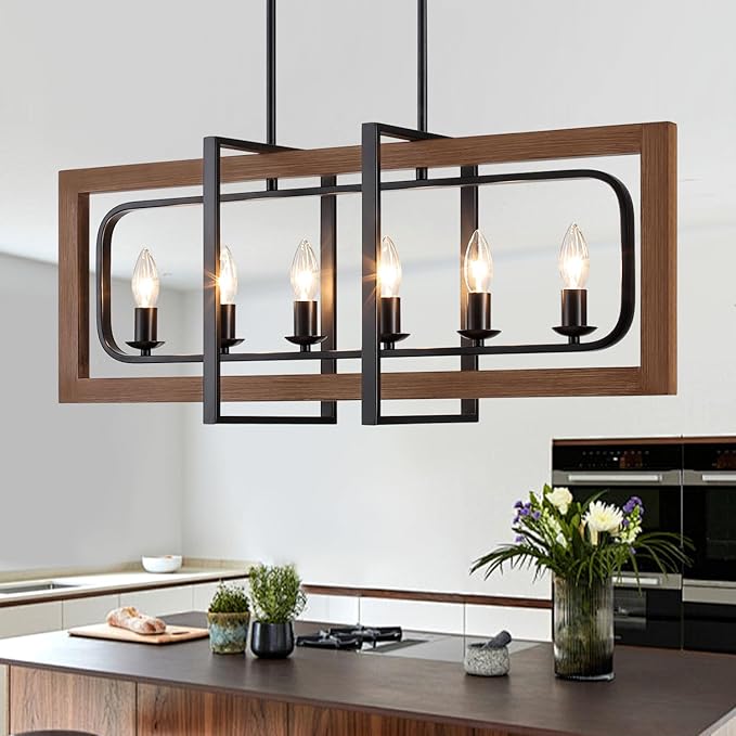 Farmhouse Kitchen Island Lighting, 6-Light Dining Room Light Fixtures Over Table Rustic Wood Pendant Lights Adjustable Chandelier for Kitchen Dining Room