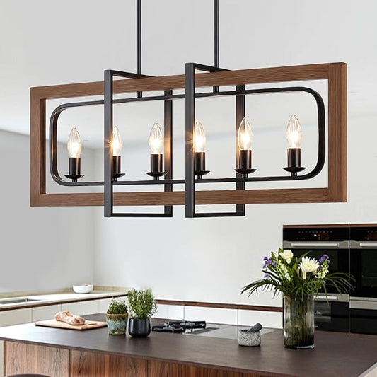 Farmhouse Kitchen Island Lighting, 6-Light Dining Room Light Fixtures Over Table Rustic Wood Pendant Lights Adjustable Chandelier for Kitchen Dining Room