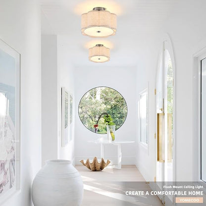 Semi Flush Mount Ceiling Light, Beige Linen Fabric Shade Ceiling Light, Chrome Modern Farmhouse Close to Ceiling Light for Bedroom, Hallway, Living Room, Dining Room, Laundry Room