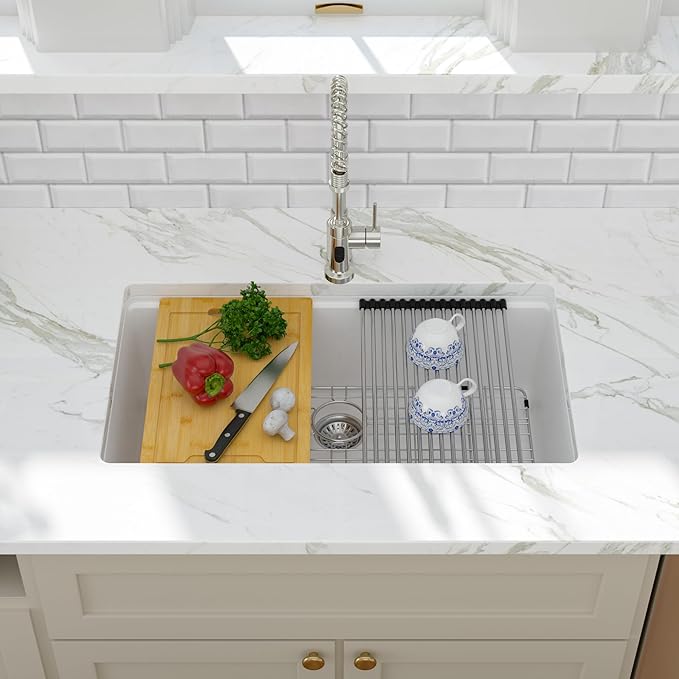Kichae 32 Granite Composite Kitchen Sink - 32"x19" Grainte Kitchen Sink Workstation Undermount Quartz Sink White Deep Single Bowl Basin