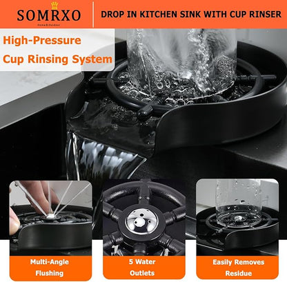 30×22 Drop In Kitchen Sink with Faucet Combo - Black Stainless Steel Drop In Sink with Cup Washer, 9 Inch Deep Single Bowl Sinks and Faucets Combo Set,Top Mount Design for Modern Kitchens