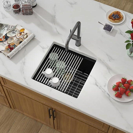 18 Black Undermount Bar Sink- 18''x18'' Black Wet Bar Prep Sink Under Counter Granite Composite Quartz Small Workstation Sinks Natural Stone Single Bowl