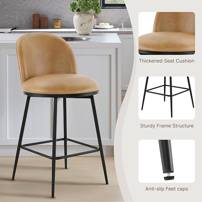 26" Counter Height Swivel Bar Stools Set of 3, Upholstered Faux Leather Barstools with Backs and Metal Legs for Kitchen Island,Brown