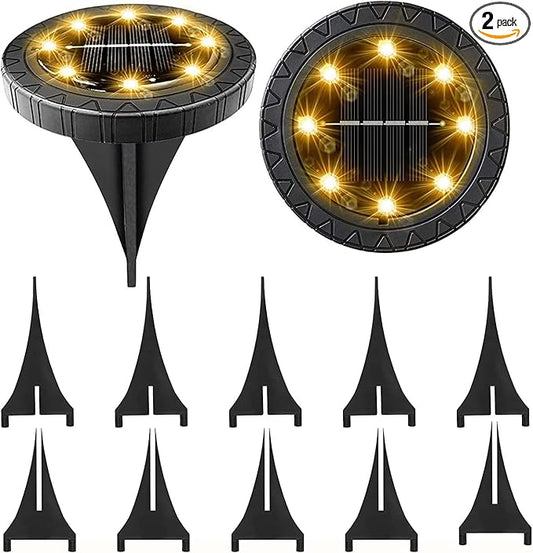 Solar Powered 2Pack, Waterproof LED Outdoor Disk Lights - Solar Garden Lights for Landscape, Pathway, Patio, Yard, Walkway, Lawn, Driveway (Warm White)