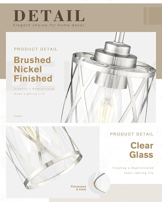 Beionxii Brushed Nickel Pendant Lights Kitchen Island, Glass Pendant Light Fixtures with Clear Glass and Rods, Kitchen Pendant Lighting Over Island for Sink, Dining Room, Entryway, BX-PL07BN