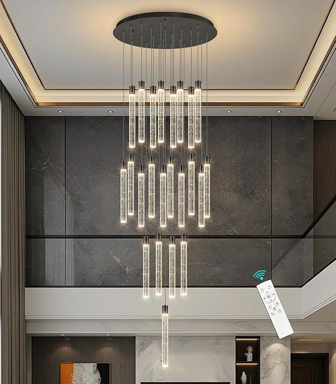 23-Light Long Large Modern Led Crystal Chandeliers Modern Spiral Chandeliers High Ceilings Chandelier for Staircase Foyer Black