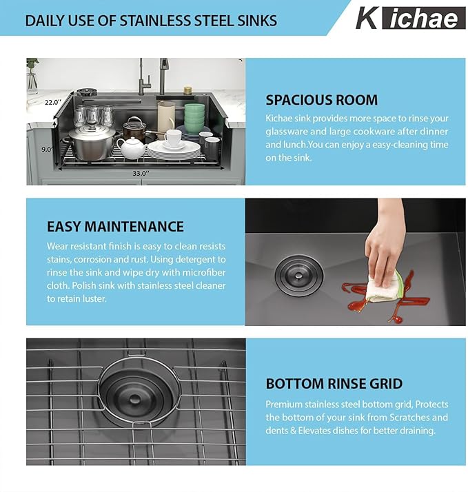 Kichae 33 Black Kitchen Sink Drop In Waterfall - 33x22 Drop Sink Stainless Steel 16G Single Bowl Waterfall Kitchen Sink Workstation Handmade with Faucet & Glass Rinser