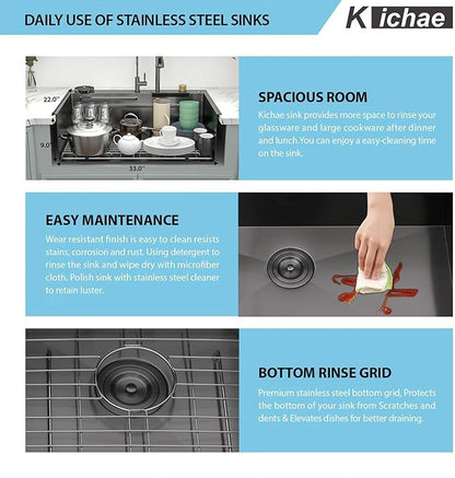 Kichae 33 Black Kitchen Sink Drop In Waterfall - 33x22 Drop Sink Stainless Steel 16G Single Bowl Waterfall Kitchen Sink Workstation Handmade with Faucet & Glass Rinser