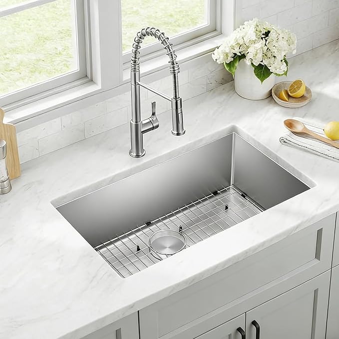SANYCASA 30 Inch Undermount Kitchen Sink with Quiet Drain, Bottom Grid - 11 Gauge Stainless Steel Single Bowl