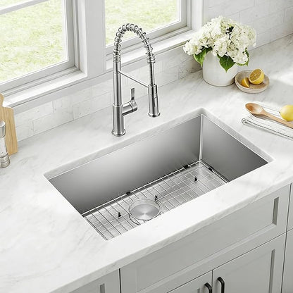 SANYCASA 30 Inch Undermount Kitchen Sink with Quiet Drain, Bottom Grid - 11 Gauge Stainless Steel Single Bowl