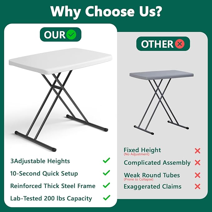 30 Inch Folding Table Set of 2, Adjustable Height TV Tray for Small Spaces, Heavy Duty Foldable Utility Table for Laptop, Dining, Camping, No Assembly, 200 lbs Capacity, White Granite