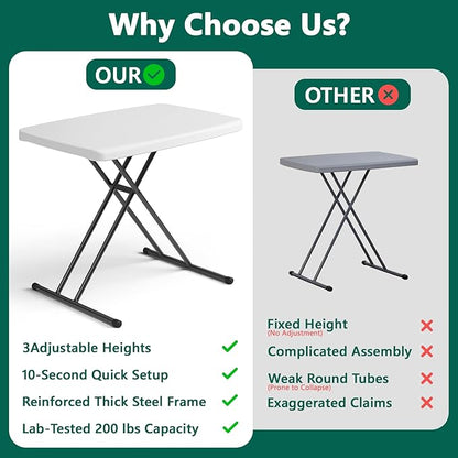 30 Inch Folding Table Set of 2, Adjustable Height TV Tray for Small Spaces, Heavy Duty Foldable Utility Table for Laptop, Dining, Camping, No Assembly, 200 lbs Capacity, White Granite