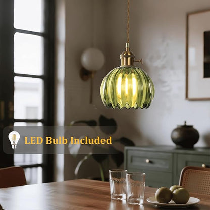 Mini Flower Hanging Lamp Plug in Pendant Light Fixtures, 15Ft Green Glass Pendant Lights Kitchen Island Dining Room Bedroom Living Room, LED Bulb Included