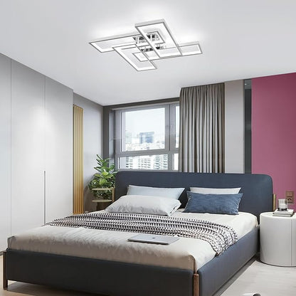 Dimmable Modern LED Ceiling Light, 4-Square Modern Ceiling Lighting for Living Room with Remote Control 26In Chrome Bedroom Ceiling Lights Fixures for Kitchen, Bathroom, Dining Room