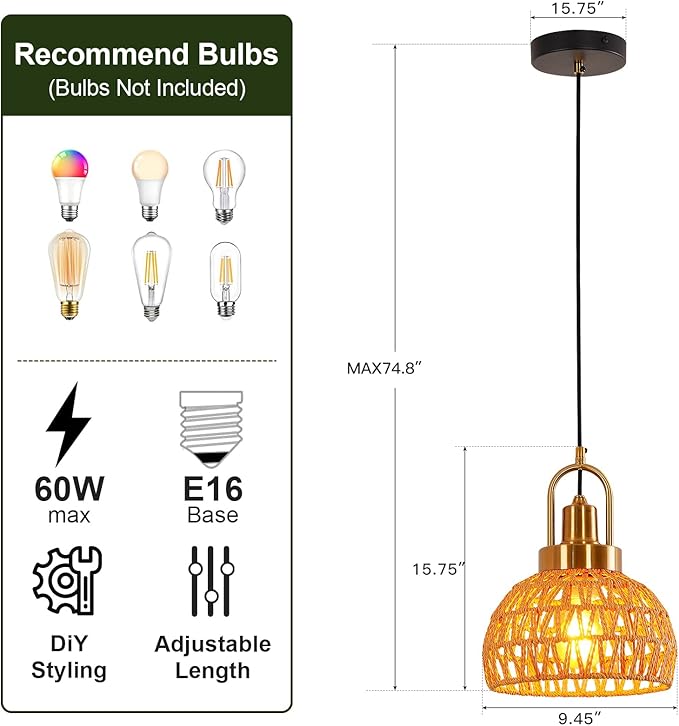 9.45" Boho Gold Rattan Pendant Light Modern Vintage Dome Farmhouse Pendant Light Fixtures Hand Woven Golden Bamboo Wicker Pendant Lights for Kitchen Island, Dining Room, Bedroom, Hallway