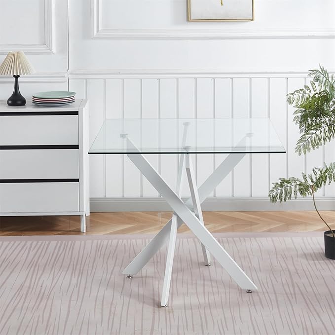 36'' Square Glass Dining Table for 2-4, X-Shape White Metal Legs, Glass Tea Table Square Kitchen Table for Small Space
