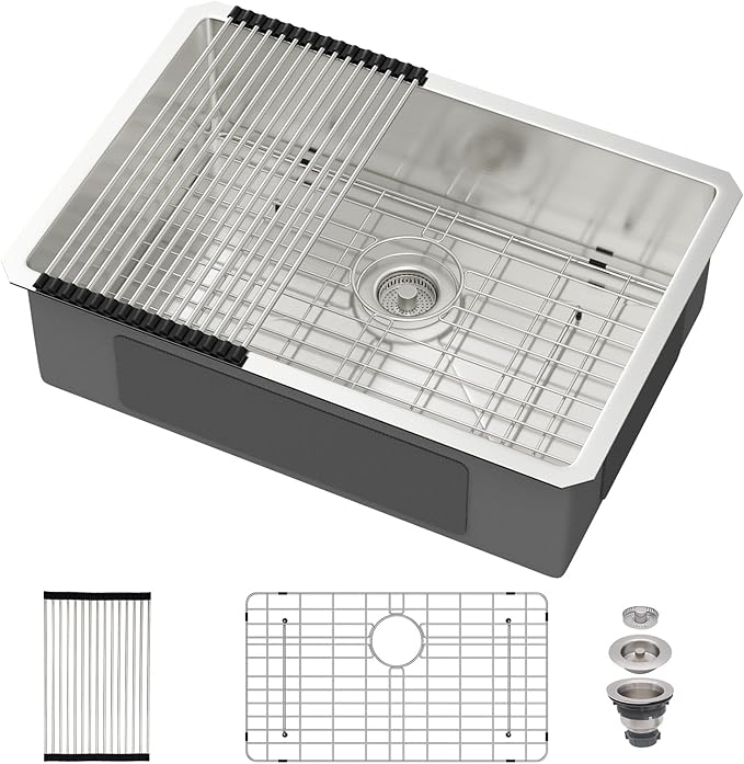 26 Undermount Kitchen Sink 26"x18"x8" Single Bowl 16 Gauge Stainless Steel Under Counter Single Bowl Kitchen Sinks Basin with Drain Strainer