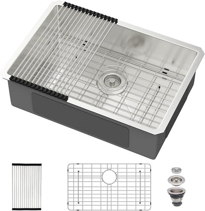 26 Undermount Kitchen Sink 26"x18"x8" Single Bowl 16 Gauge Stainless Steel Under Counter Single Bowl Kitchen Sinks Basin with Drain Strainer