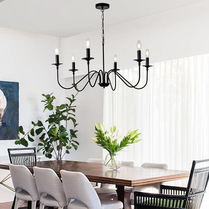Black Farmhouse Chandeliers, 6 Light S-Arm Modern Candle Hanging Pendant Light, Industrial Rustic Metal Ceiling Kitchen Island Light for Living Room, Entryway, Foyer, Bedroom, Dining Room