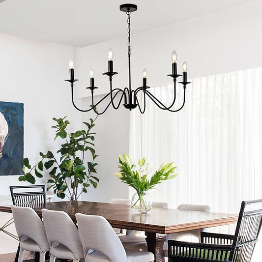 Black Farmhouse Chandeliers, 6 Light S-Arm Modern Candle Hanging Pendant Light, Industrial Rustic Metal Ceiling Kitchen Island Light for Living Room, Entryway, Foyer, Bedroom, Dining Room