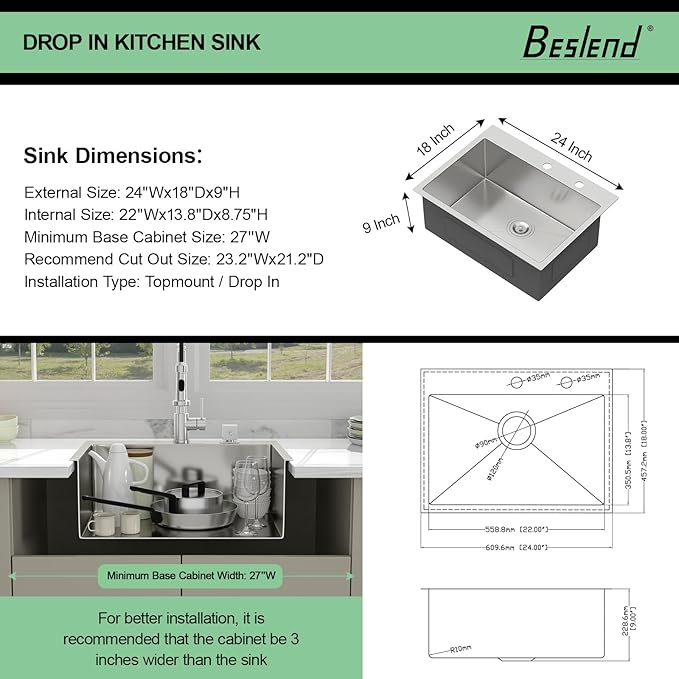 24 Drop In Kitchen Sink - Beslend 24x18 Inch Kitchen Sink Drop In Stainless Steel Sinks Topmount 16 Gauge 9" Deep Single Bowl Above Counter Sinks Dish Basin, Sink Only
