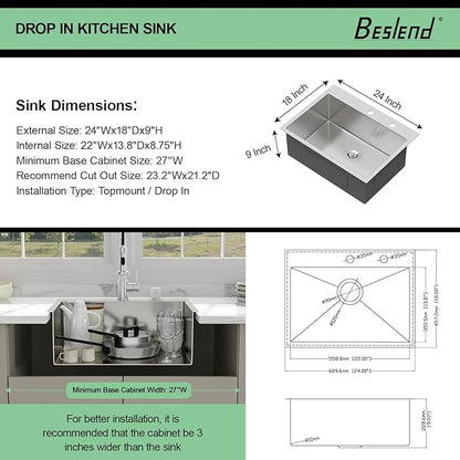 24 Drop In Kitchen Sink - Beslend 24x18 Inch Kitchen Sink Drop In Stainless Steel Sinks Topmount 16 Gauge 9" Deep Single Bowl Above Counter Sinks Dish Basin, Sink Only