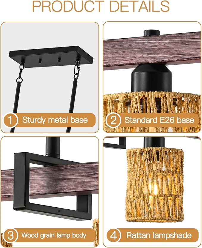 5-Light harmhouse Kitchen Island Light Fixture, Linear Chandelier for Dining Room, 5-Light Rustic Pendant Light Over Table, Handmade Woven Farmhouse Wicker Chandelier