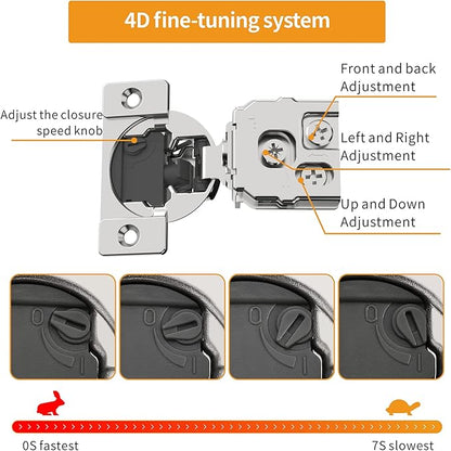 Chibery 10 Pack 1" Overlay 4D Soft Close Concealed Hinges for Face Frame Door, Adjustable Closing Speed, Smooth Slow Self Close Hinges, Satin Nickel, 105° Open Angle Stainless Steel Cabinet Hinges