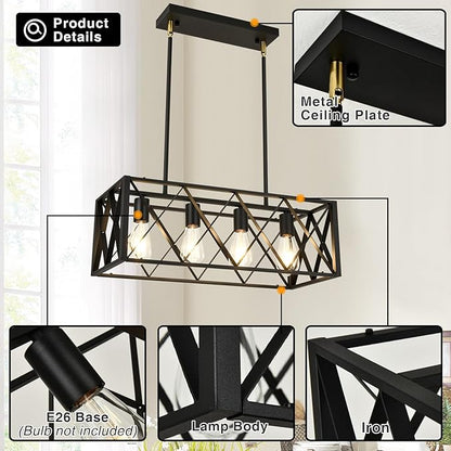 Black Farmhouse Chandeliers for Dining Room Light Fixture Rectangle Kitchen Island Pendant Lighting 4-Light Metal Industrial Linear Chandelier for Kitchen Island