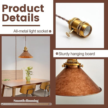 Plug in Pendant Light 8.2 Inch Rusted Copper Shade Vintage Industrial Design On/Off Switch 14Ft Adjustable Cord Hanging Lamp Plug in for Living Room,Bedroom Hanging Light 2 Pack