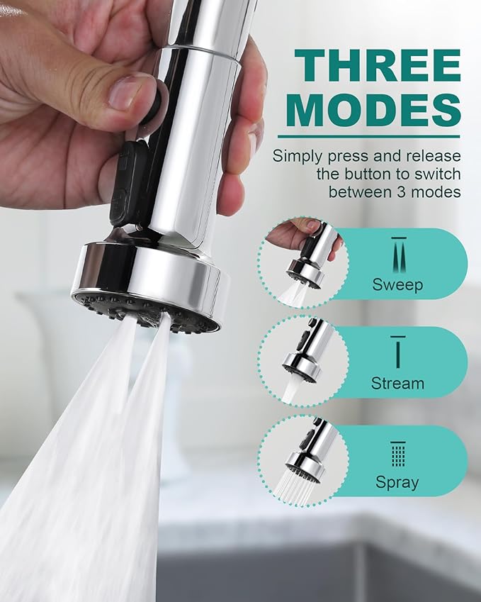 Pull Down Faucet Head Replacement: 3-Function Kitchen Faucet Sprayer Head Replacement with 9 Adapters - Chrome Sink Spray Nozzle Compatible with Moen, Delta, American Standard Faucets