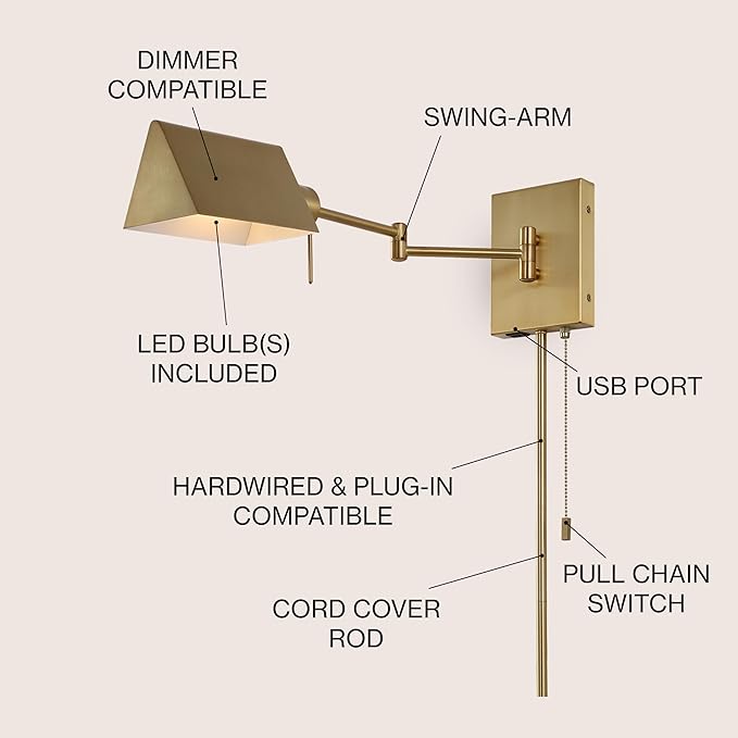 JONATHAN Y 22" Brass Gold Swing Arm Wall Sconce, Plug-in or Hardwired with USB Charging Port and Pull Chain, Iron Shade, Industrial LED Reading Lamp (JYL6015B)