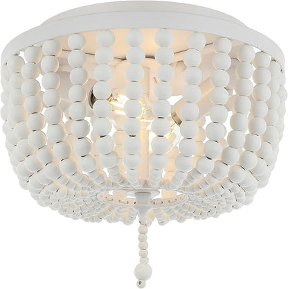 JONATHAN Y 10" White Allison 2-Light LED Flush Mount Ceiling Light for Bedroom, Wood Beaded Shade Shabby Chic Farmhouse Rustic Decor, LED Bulbs Included (JYL9074D)