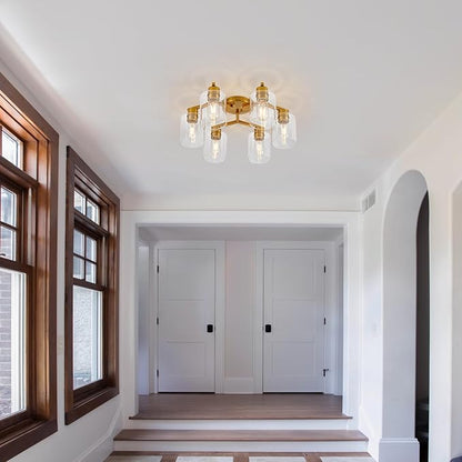 Gold Kitchen Lighting Fixtures Ceiling Dining Room Light Fixtures Brass Kitchen Ceiling Light Fixture Large Chandelier for Living Room Semi Flush Mount with Clear Glass Shade