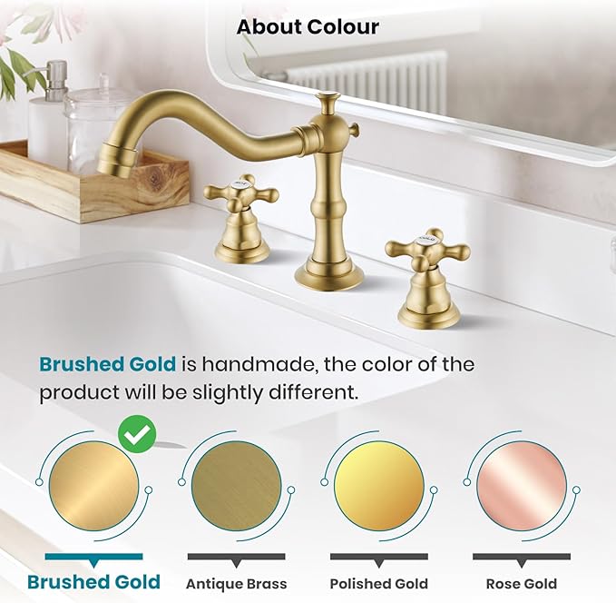 gotonovo Bathroom Faucet 3 Hole 8 Inch Widespread Bathroom Sink Faucet 2 Cross Handles Vintage Lavatory Vanity Mixer Tap with Pop Up Drain, HOT Cold Label, Brushed Gold