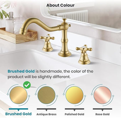 gotonovo Bathroom Faucet 3 Hole 8 Inch Widespread Bathroom Sink Faucet 2 Cross Handles Vintage Lavatory Vanity Mixer Tap with Pop Up Drain, HOT Cold Label, Brushed Gold