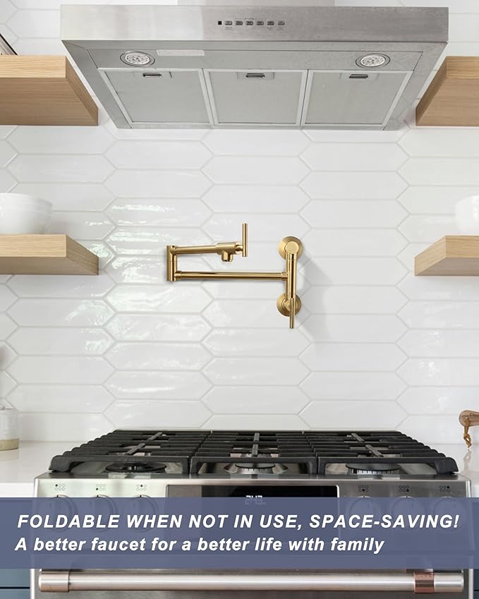 WOWOW Gold Pot Filler Faucet: Single Hole Wall Mount Stove Faucet, Brass Pot Filler Two Attachment with Double Joint Swing Arms