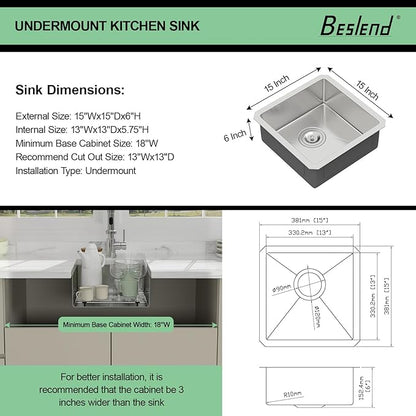 15 Inch Undermount Kitchen Sink - Beslend ADA 6 Inch Depth 15x15 Undermount Sinks Stainless Steel 16 Gauge Mobility Friendly Sink for Wheelchair Accessible & Accessible Design Kitchen