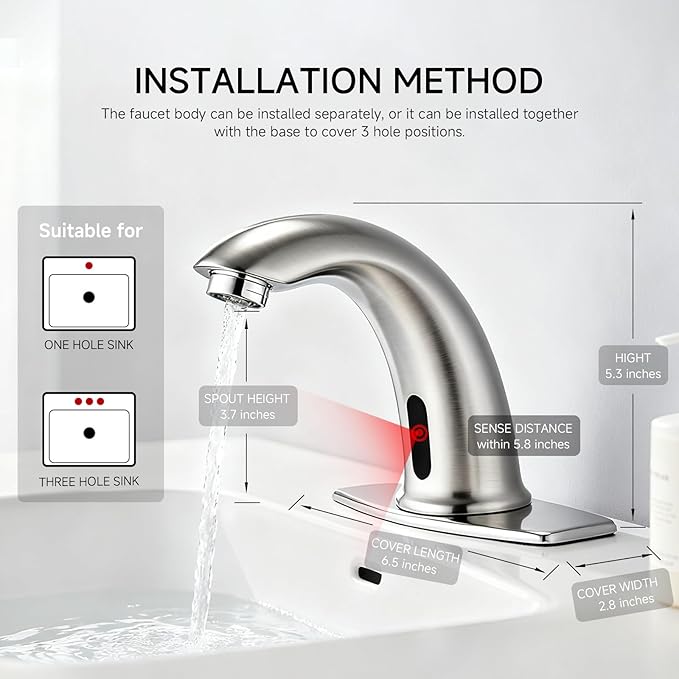 Touchless Bathroom Sink Faucet Automatic Motion Sensor Hands Free Faucet with Hole Cover Plate Water Valve,Commercial Solid Brass Faucet,1 Hole or 3 Hole,Brushed Nickel