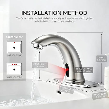 Touchless Bathroom Sink Faucet Automatic Motion Sensor Hands Free Faucet with Hole Cover Plate Water Valve,Commercial Solid Brass Faucet,1 Hole or 3 Hole,Brushed Nickel